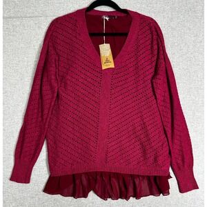NEW Prana Ellery Sweater Womens Large Plum Red NWT V-Neck Pointelle Layered Hem